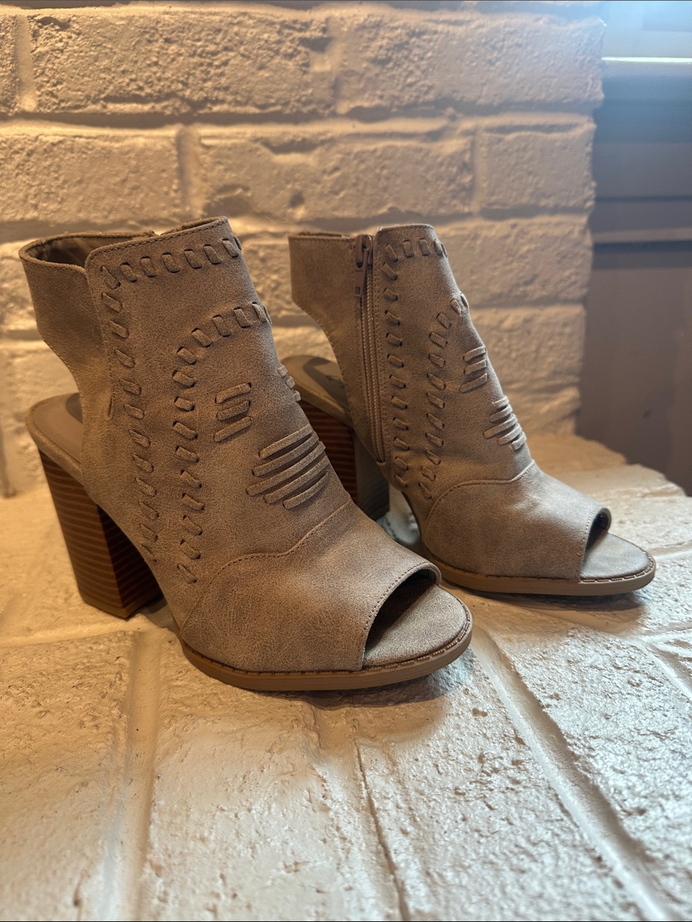 Qupid Taupe Open-Toe Block Heel Shootie